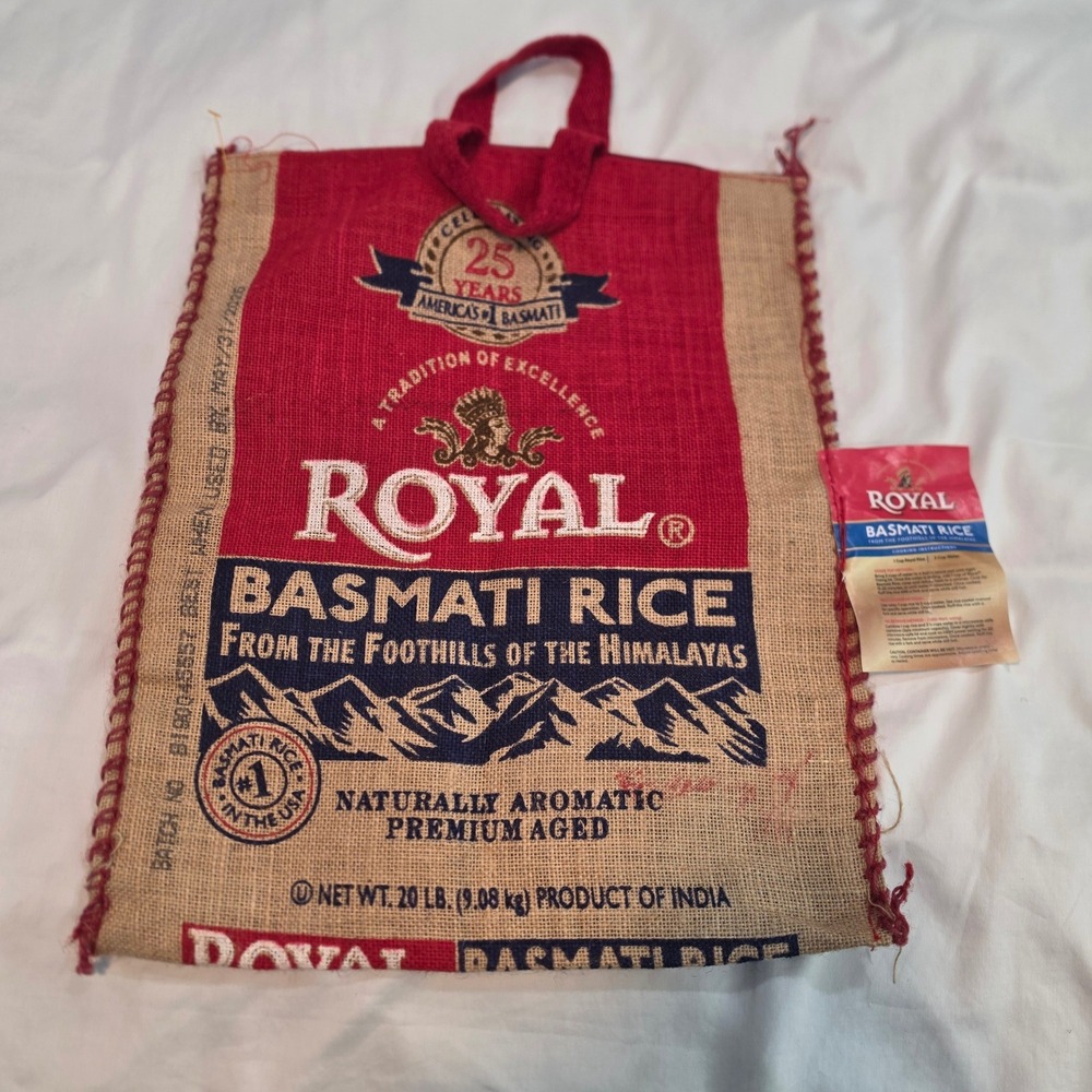 Royal Basmati Rice Tote Bag Unisex Large Red Burlap Excellent Upcycled Graphic
